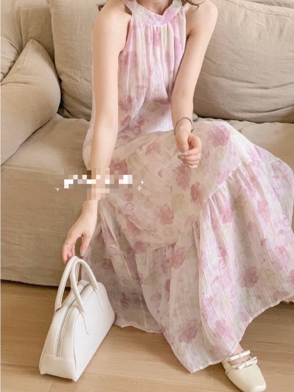 Water-colour Floral Halter Tiered Maxi Dress - Pastel Pink - Picture 7 of 12